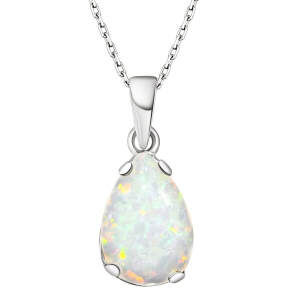 925 Sterling Silver Opal Necklace - Opal Teardrop Necklace - October Birthstone - Picture 1 of 8